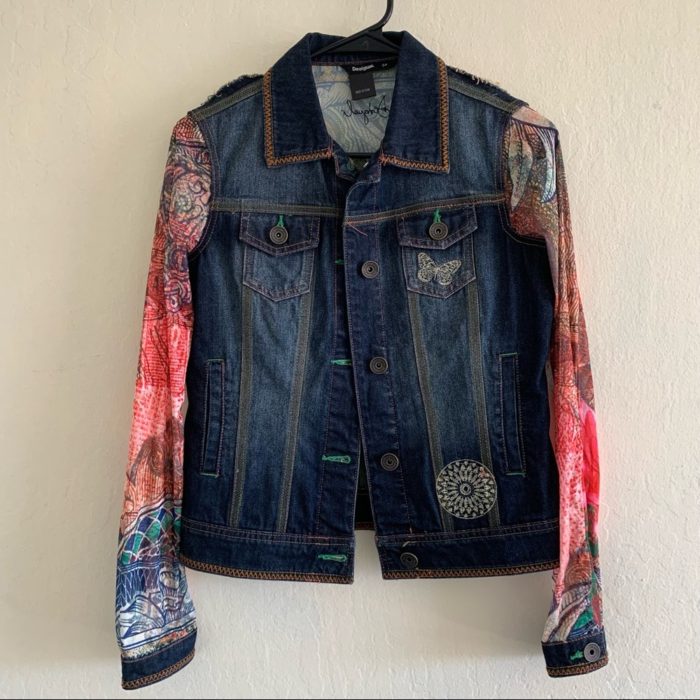 Desigual printed denim jacket with mesh sleeves XS